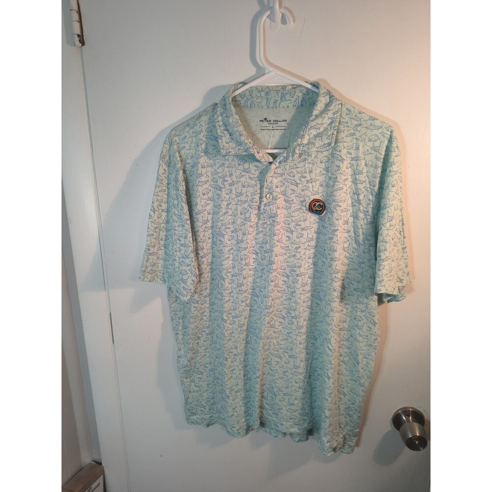 Peter Millar Seaside Mens L Pima Cotton Fish Marlin Print Golf Polo Shirt Patch
